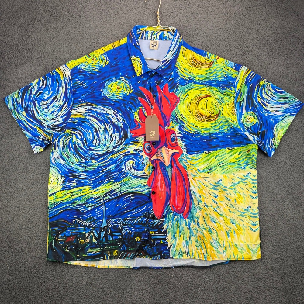 Hardaddy Mens Starry Night Rooster Graphic Button Up Shirt 4XL New